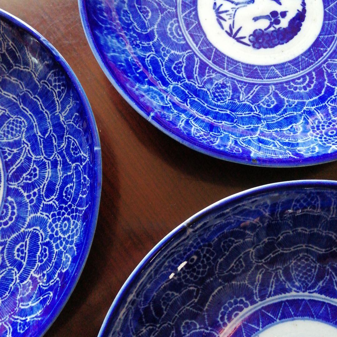 伊万里　紙摺印判染付大皿　4枚　22.2cm　江戸後期～明治初期