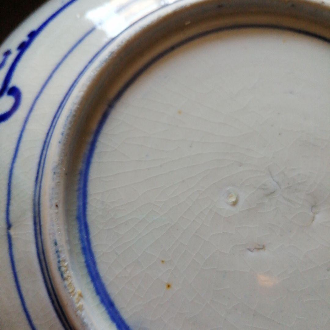 伊万里　紙摺印判染付大皿　4枚　22.2cm　江戸後期～明治初期