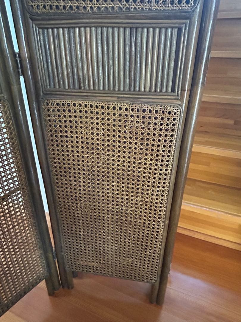 ラタン 4連 パーテーション 衝立 間仕切り ヴィンテージ 昭和レトロ