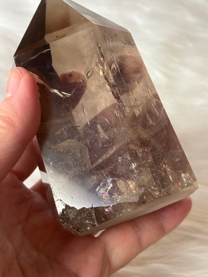 スモーキークォーツ　ポイント　六角柱　太め　725g レインボー　透明度　美麗