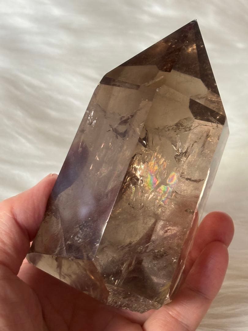 スモーキークォーツ　ポイント　六角柱　太め　725g レインボー　透明度　美麗