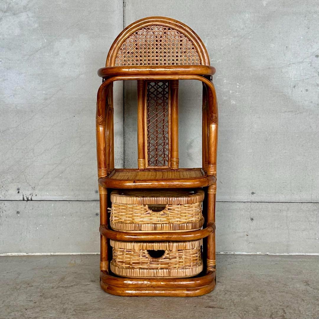 ✦ アンティーク調 ラタンキャビネット ✦ 2段バスケット付き収納ラック
