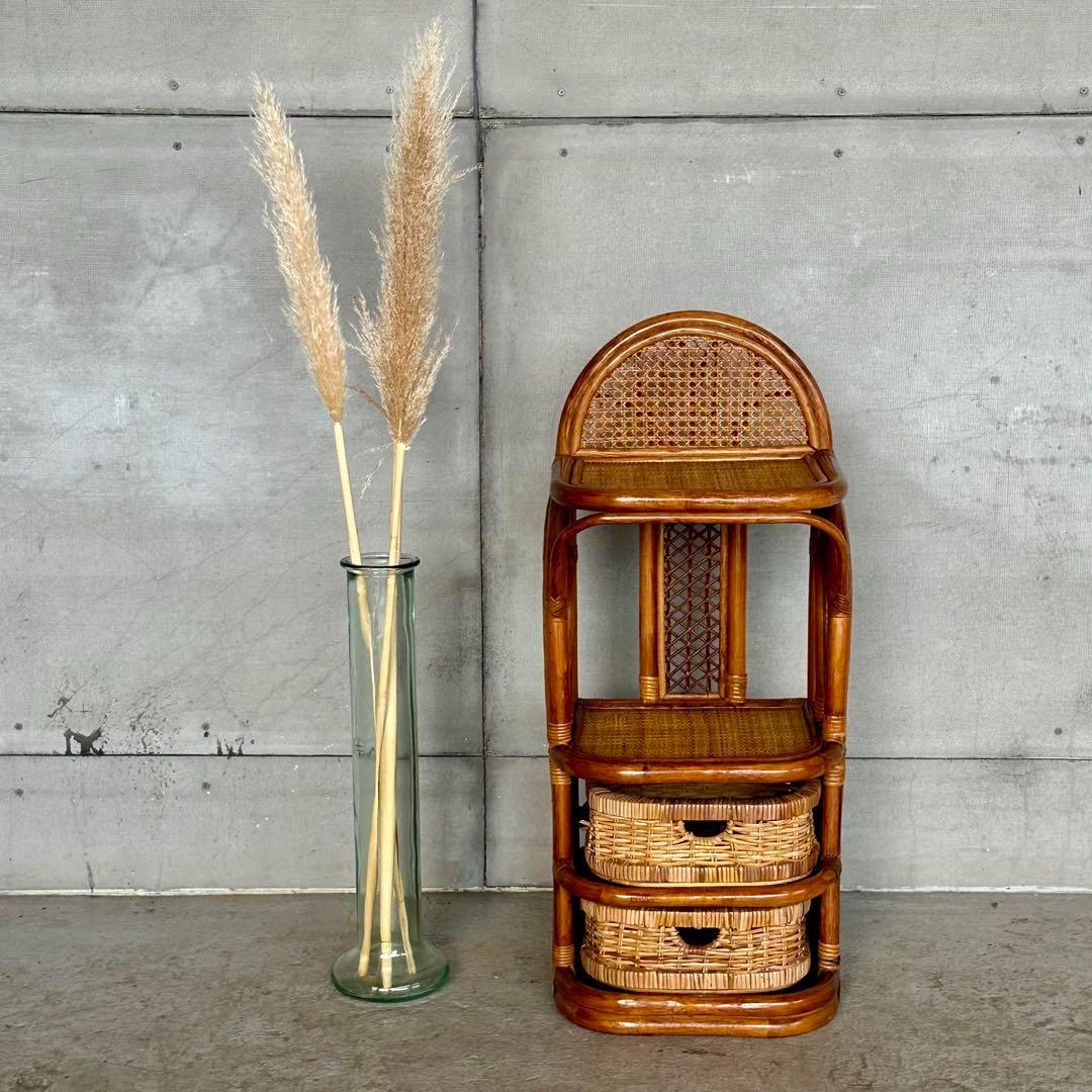 ✦ アンティーク調 ラタンキャビネット ✦ 2段バスケット付き収納ラック