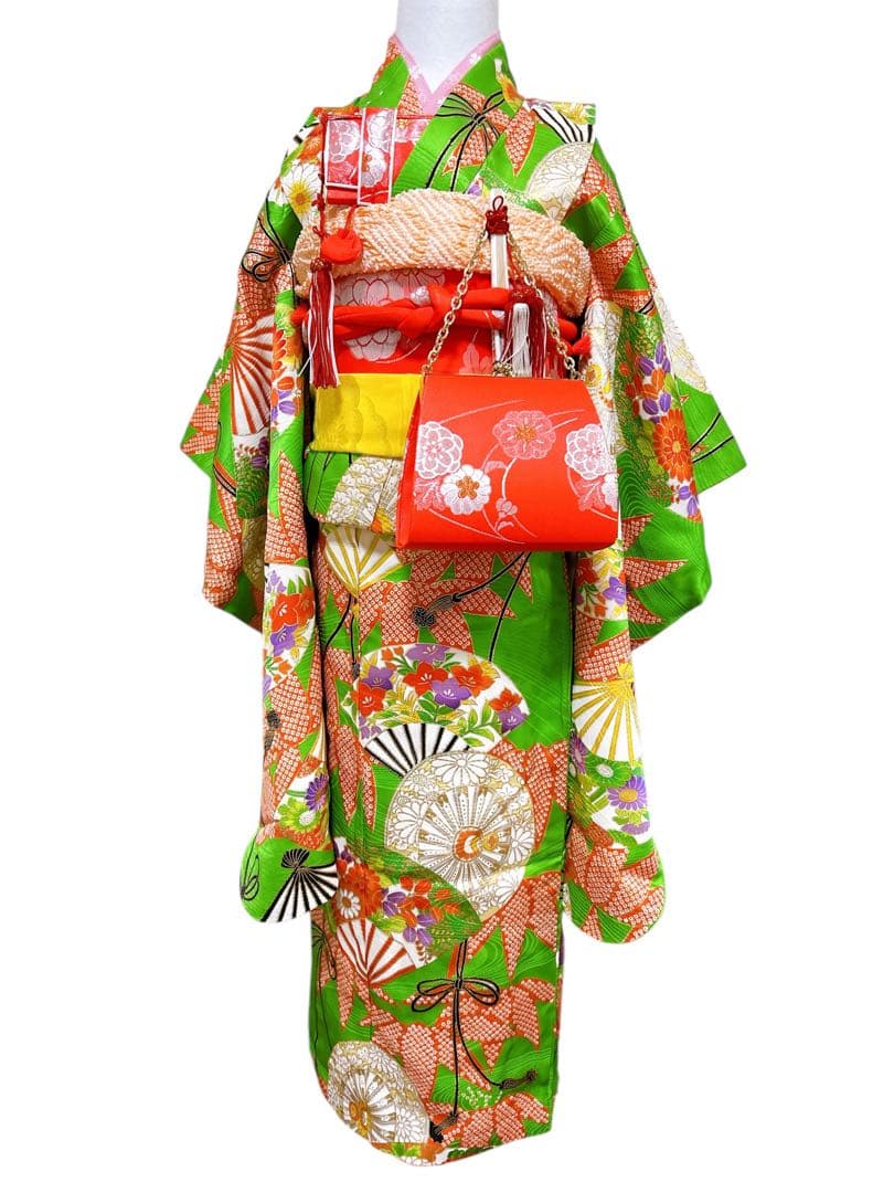華やかなレトロ着物♡七五三　7歳　女の子　セット　一式　黄緑系