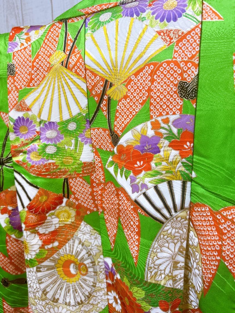 華やかなレトロ着物♡七五三　7歳　女の子　セット　一式　黄緑系