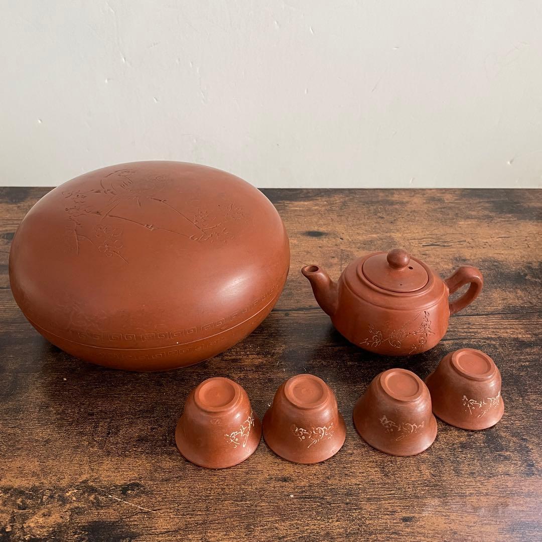 中国 花鳥紋 朱泥紫砂 蓋物 急須 湯呑み4客茶器セット 唐物 - メルカリ
