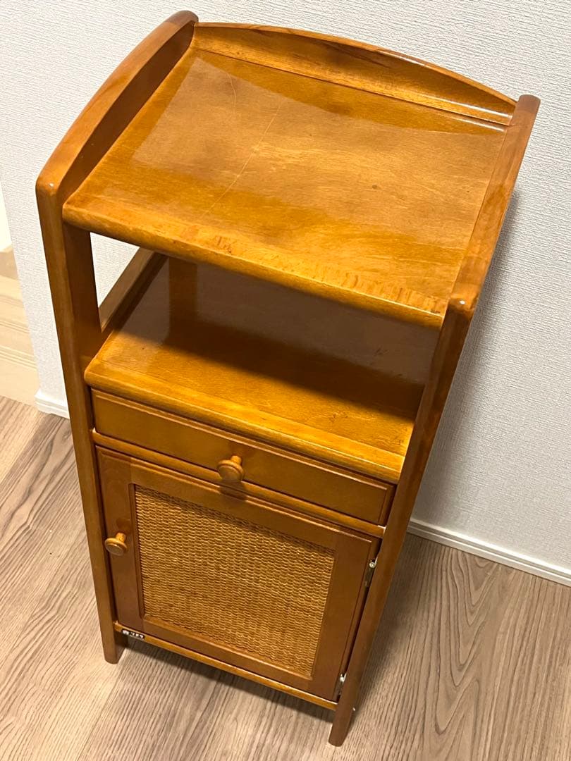 オールドカリモク 電話台 サイドキャビネット ラタン扉 木製 収納棚 昭和レトロ