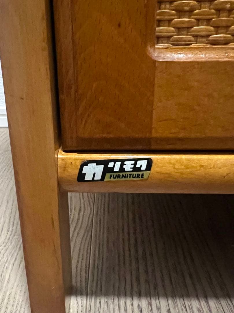 オールドカリモク 電話台 サイドキャビネット ラタン扉 木製 収納棚 昭和レトロ