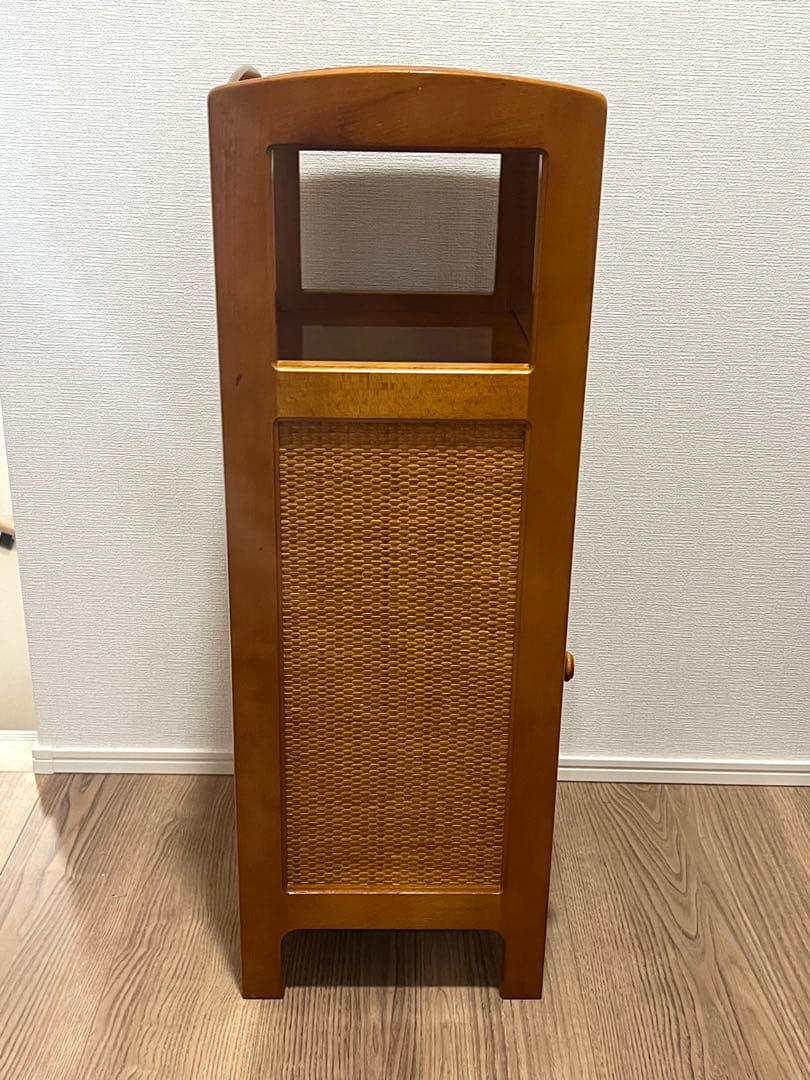 オールドカリモク 電話台 サイドキャビネット ラタン扉 木製 収納棚 昭和レトロ