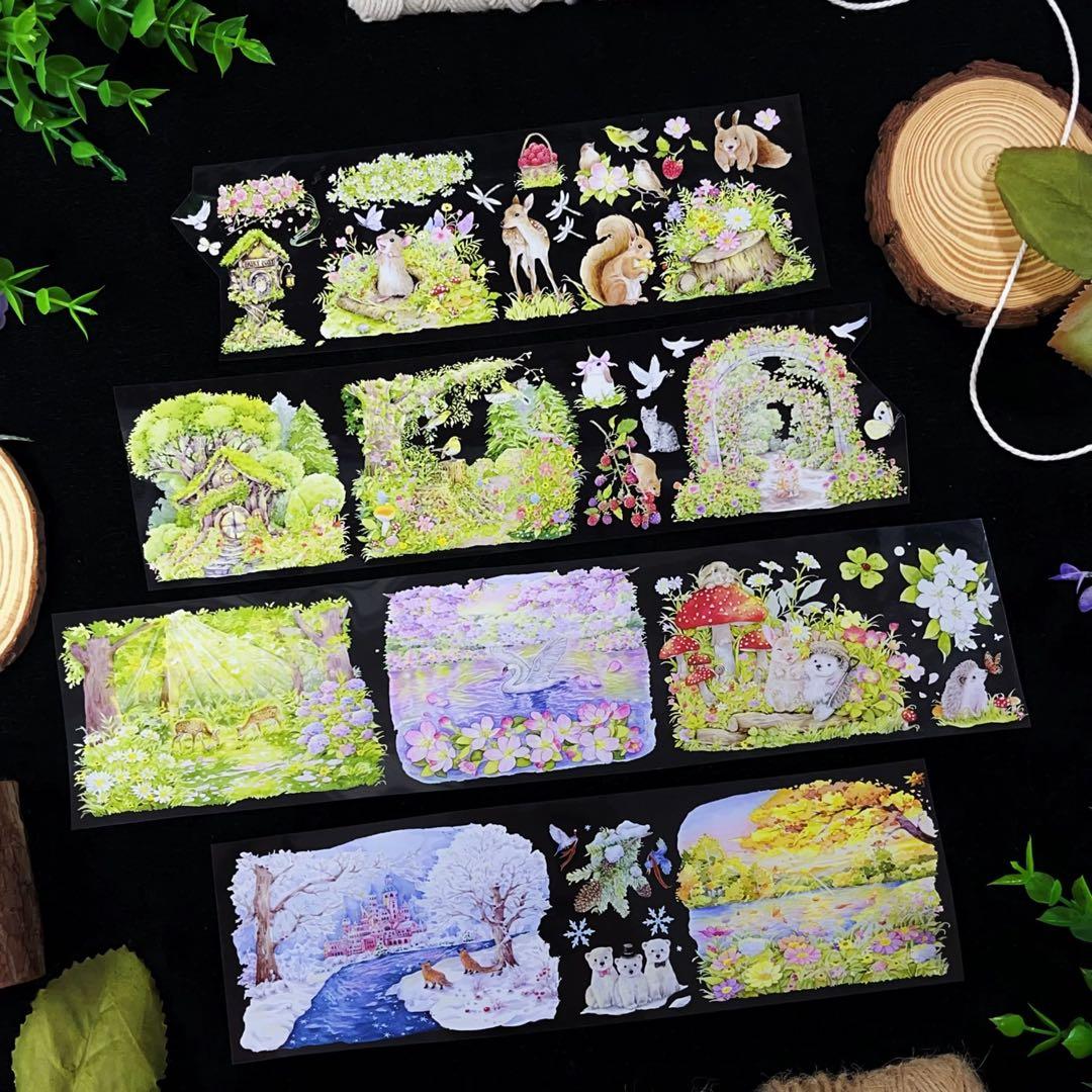 【8907】海外　マステ　3/5/巻　PETマスキングテープ　四季景色　動物