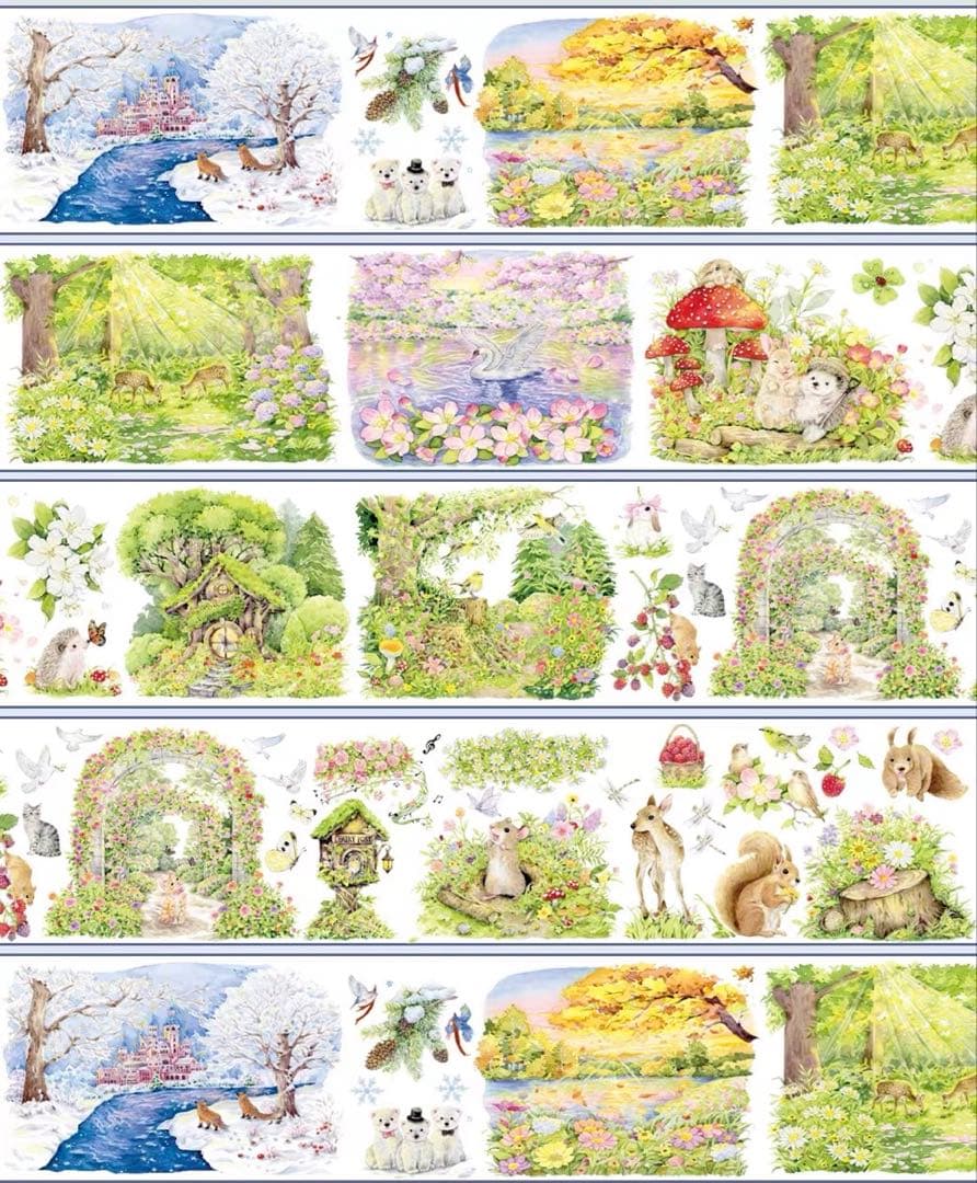 【8907】海外　マステ　3/5/巻　PETマスキングテープ　四季景色　動物