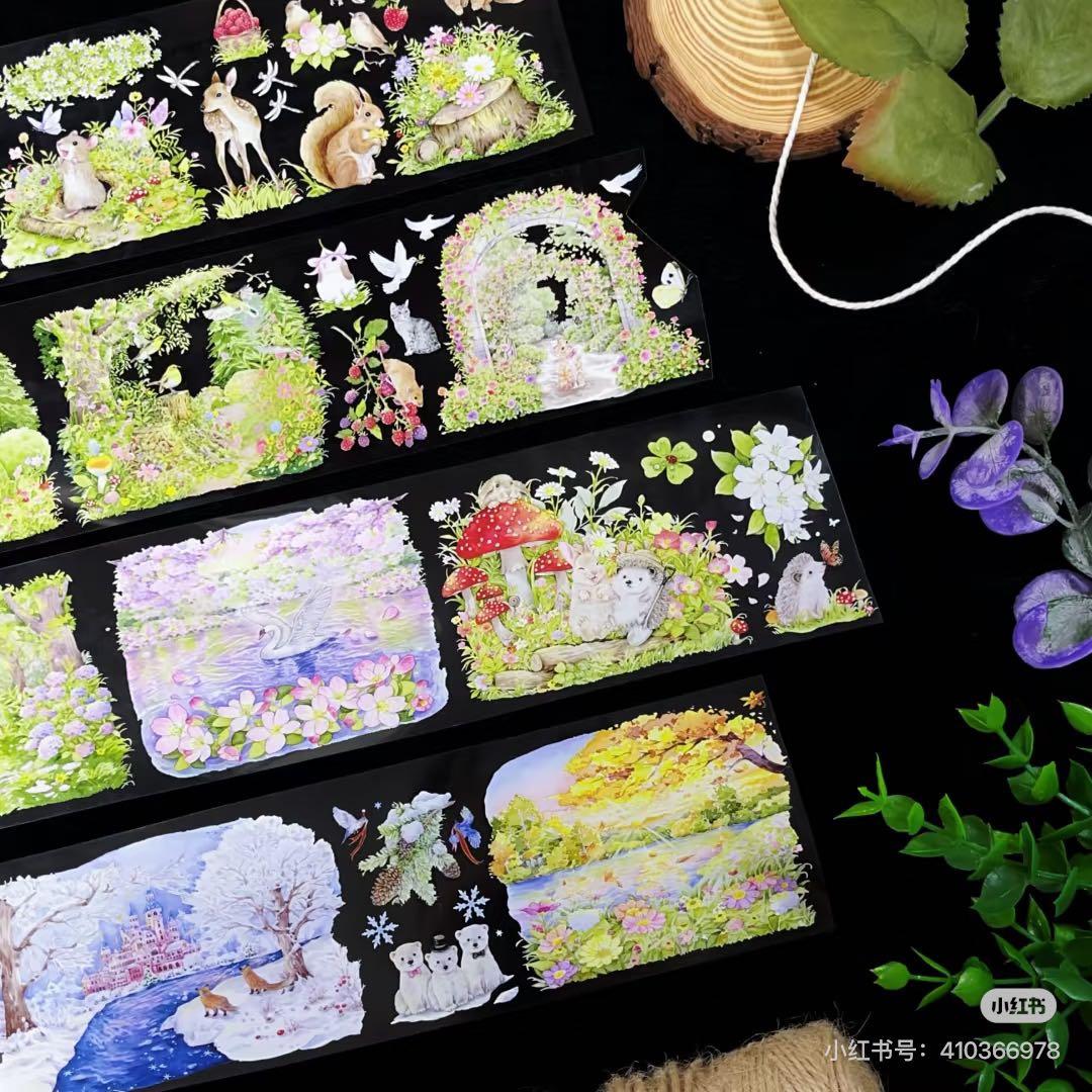 【8907】海外　マステ　3/5/巻　PETマスキングテープ　四季景色　動物