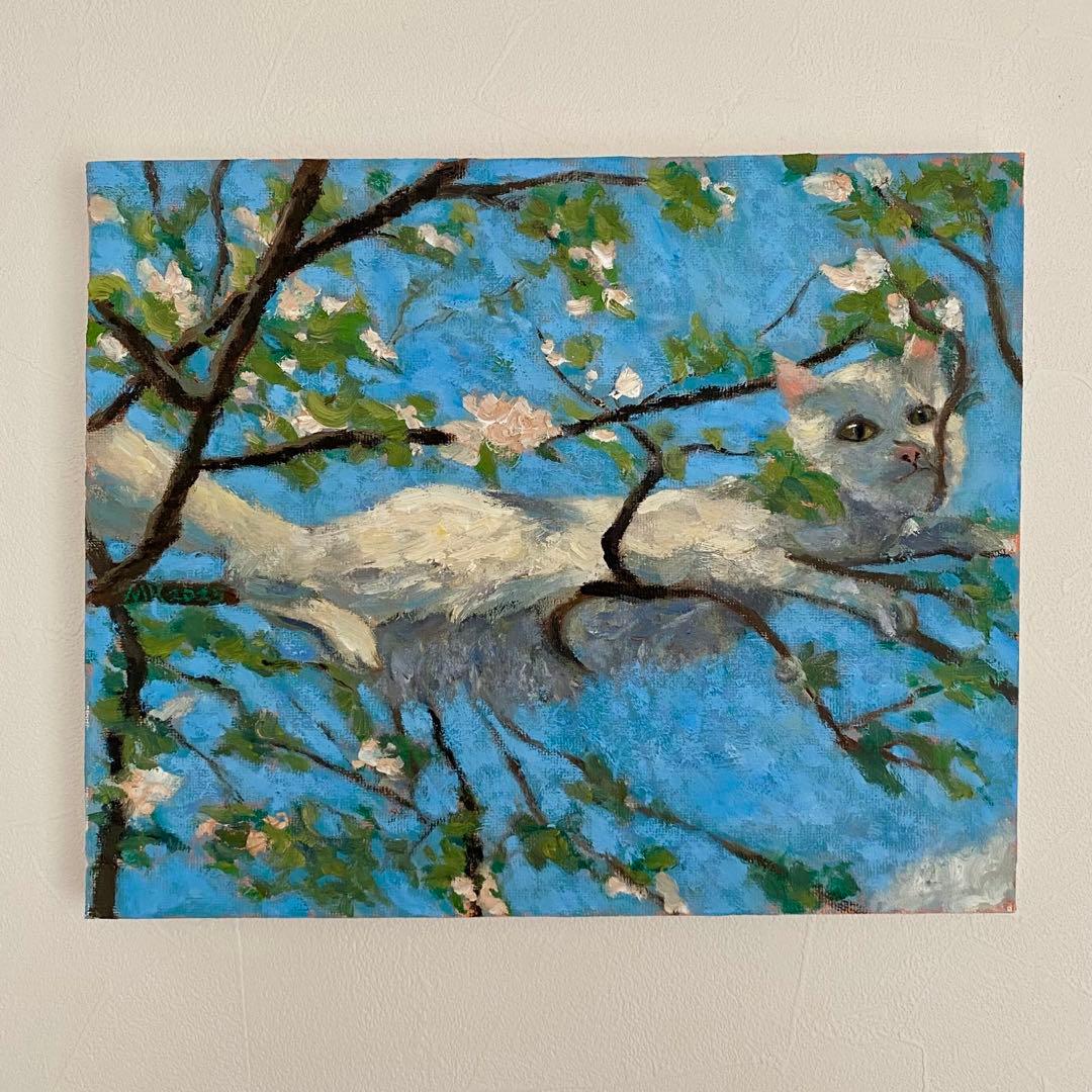 白猫と花の木 F3 油彩画 油絵 絵画