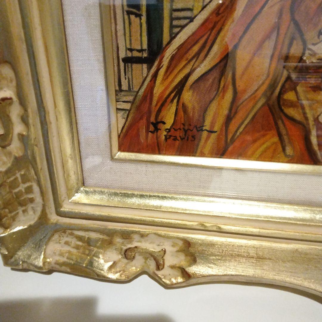 藤田嗣治 油彩F8号 パリ屋根の前の少女と猫 表サイン 裏 田村孝之介