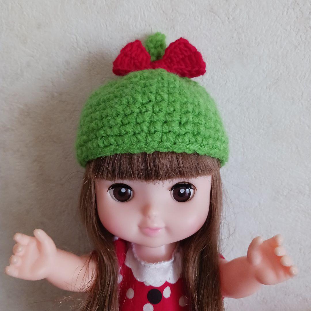 赤りぼん付き黄緑色どんぐりニット帽子☆メルちゃんレミン&ソラン人形