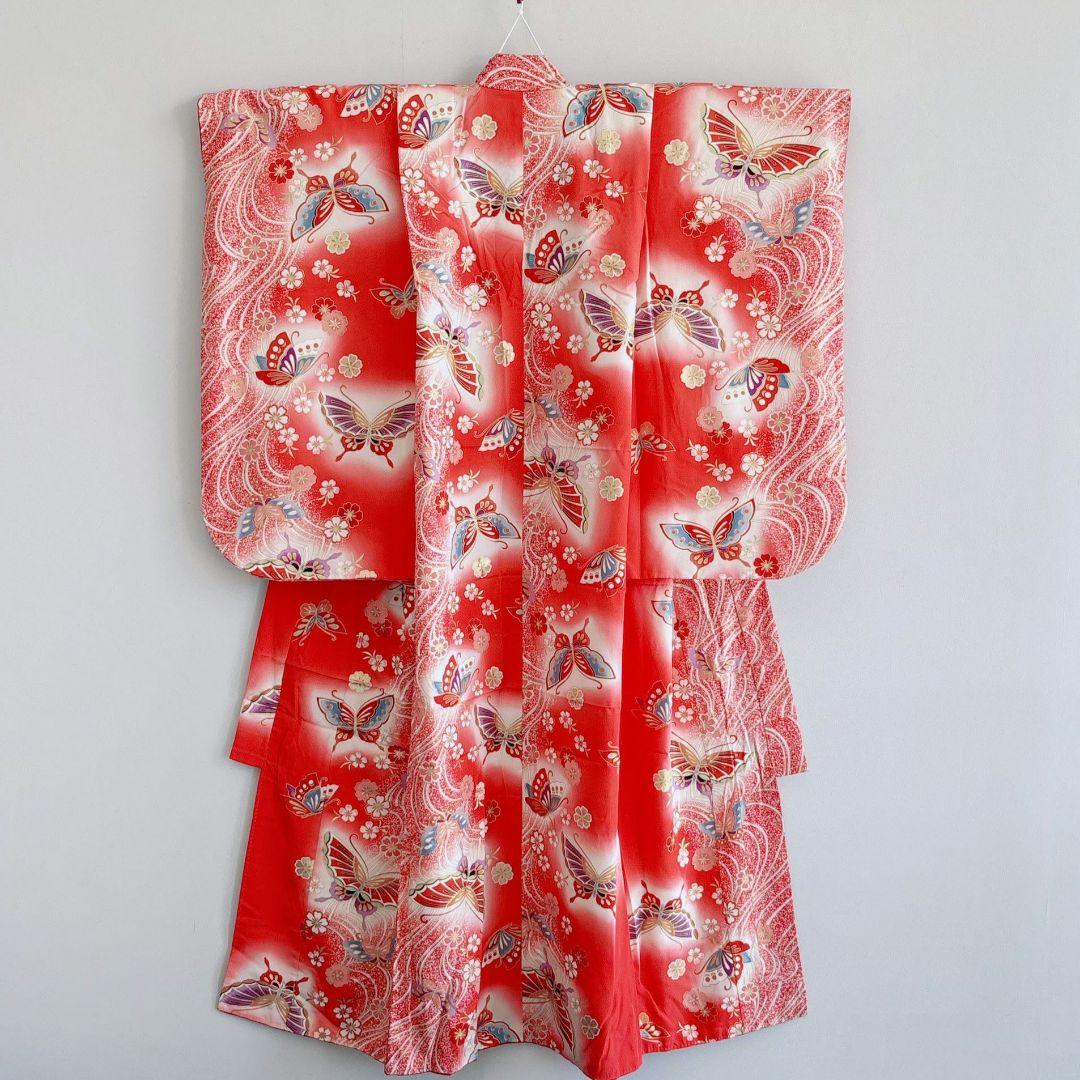 フルセット　七五三７歳女の子　赤地蝶桜　緑地袋帯　源氏車　簡単半衿　7105