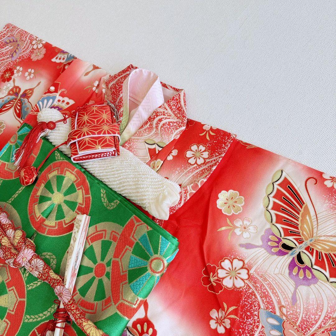 フルセット　七五三７歳女の子　赤地蝶桜　緑地袋帯　源氏車　簡単半衿　7105