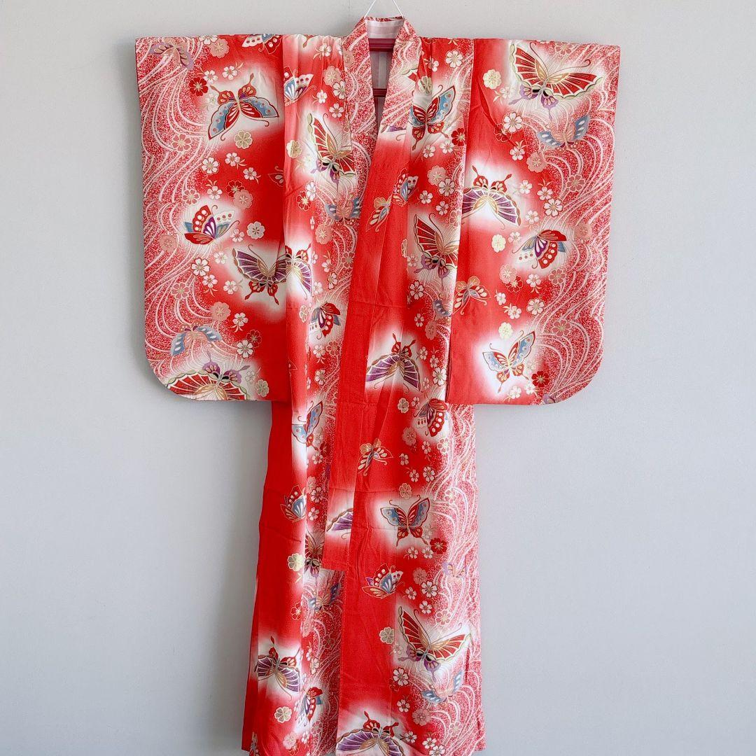 フルセット　七五三７歳女の子　赤地蝶桜　緑地袋帯　源氏車　簡単半衿　7105