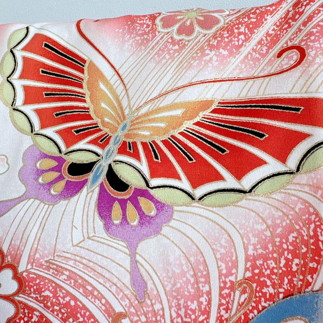 フルセット　七五三７歳女の子　赤地蝶桜　緑地袋帯　源氏車　簡単半衿　7105