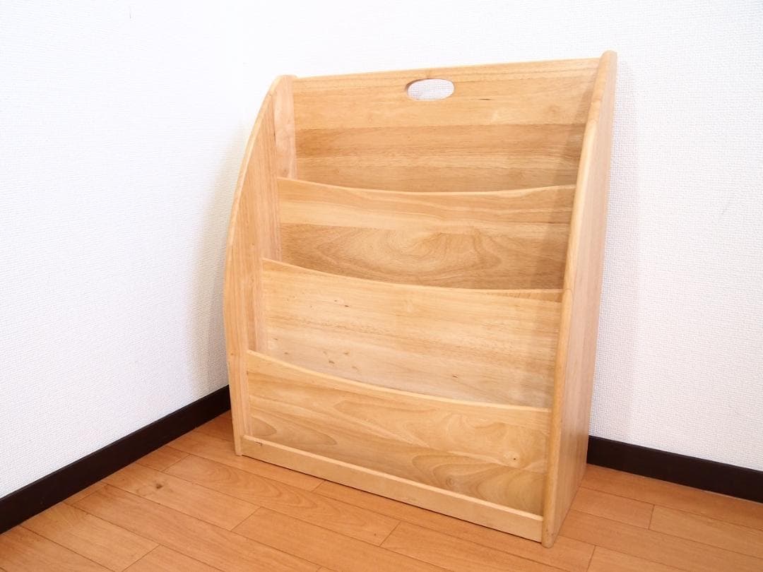 【美品】木製無垢 大型 3段 マガジンラック/新聞ラック ナチュラル色 収納家具