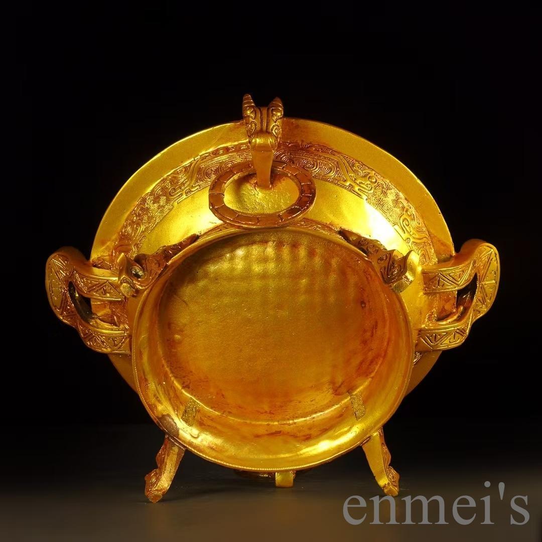 中国古美術 古銅 描金 聚宝鼎 鼎型香炉 祭祀 風水置物 金属工芸 細密細工