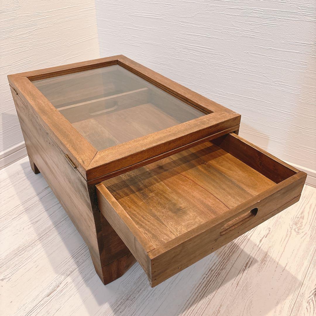木製テーブル アクセサリーケース ディスプレイ ガラス蓋つき ガラス天板