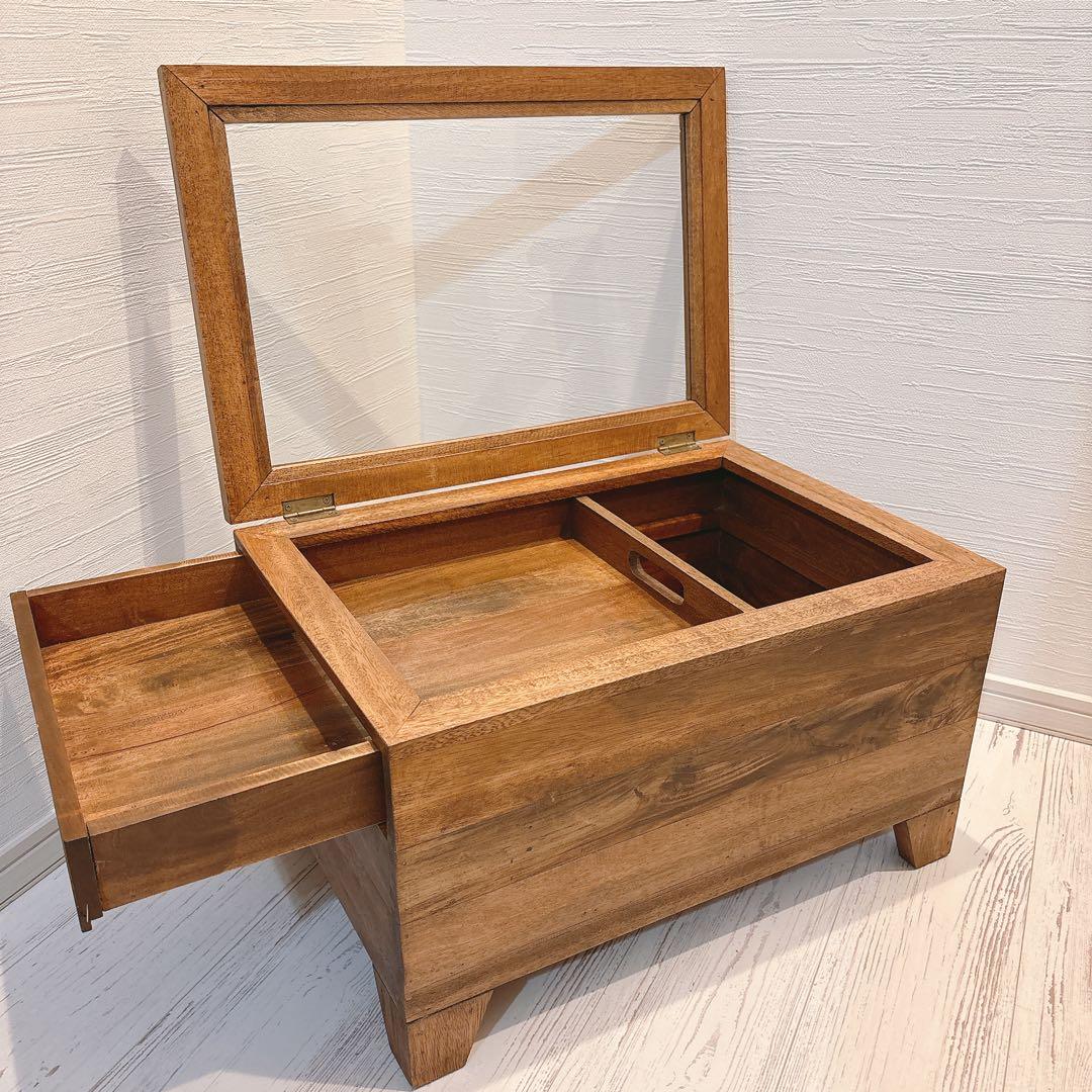 木製テーブル アクセサリーケース ディスプレイ ガラス蓋つき ガラス天板