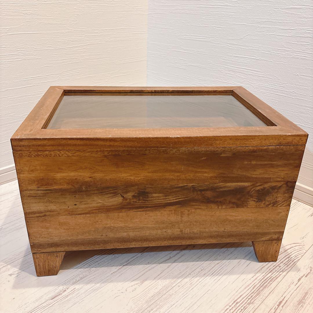 木製テーブル アクセサリーケース ディスプレイ ガラス蓋つき ガラス天板