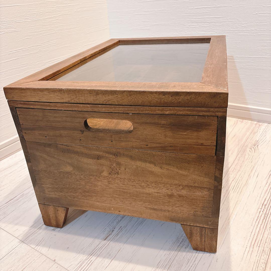 木製テーブル アクセサリーケース ディスプレイ ガラス蓋つき ガラス天板