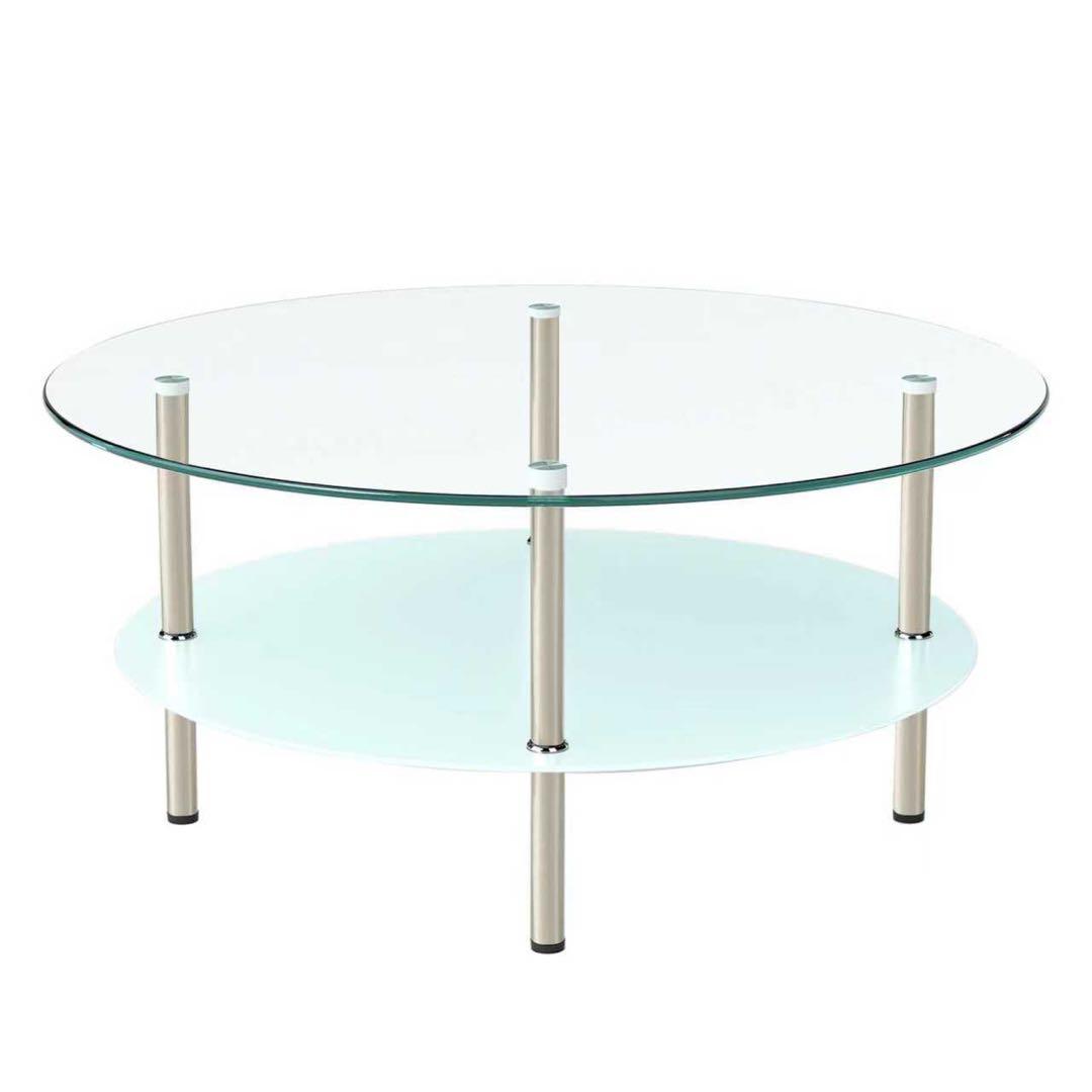 【新品】ラウンド二段コーヒーテーブル 強化ガラス+MDF収納棚 ホワイト