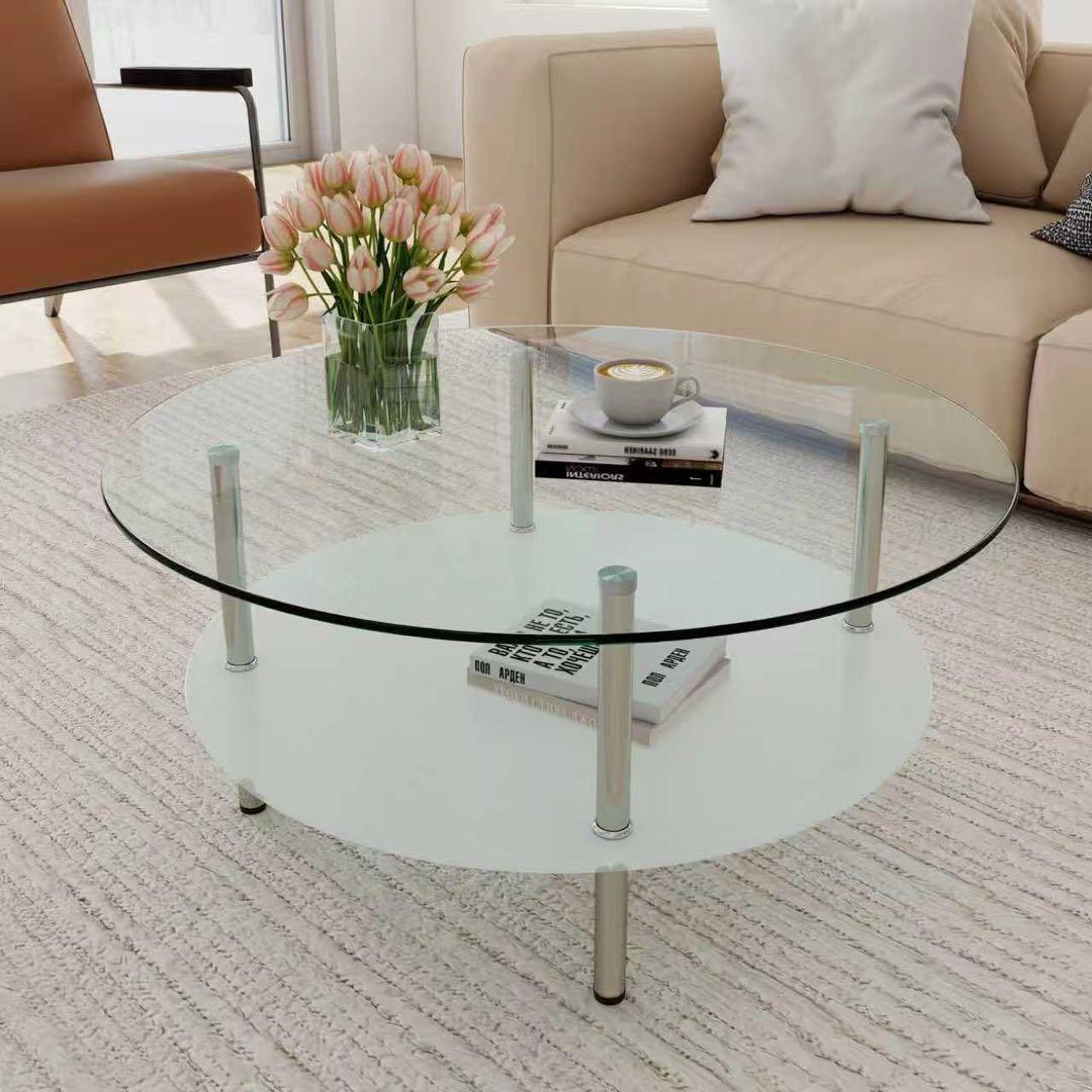 【新品】ラウンド二段コーヒーテーブル 強化ガラス+MDF収納棚 ホワイト
