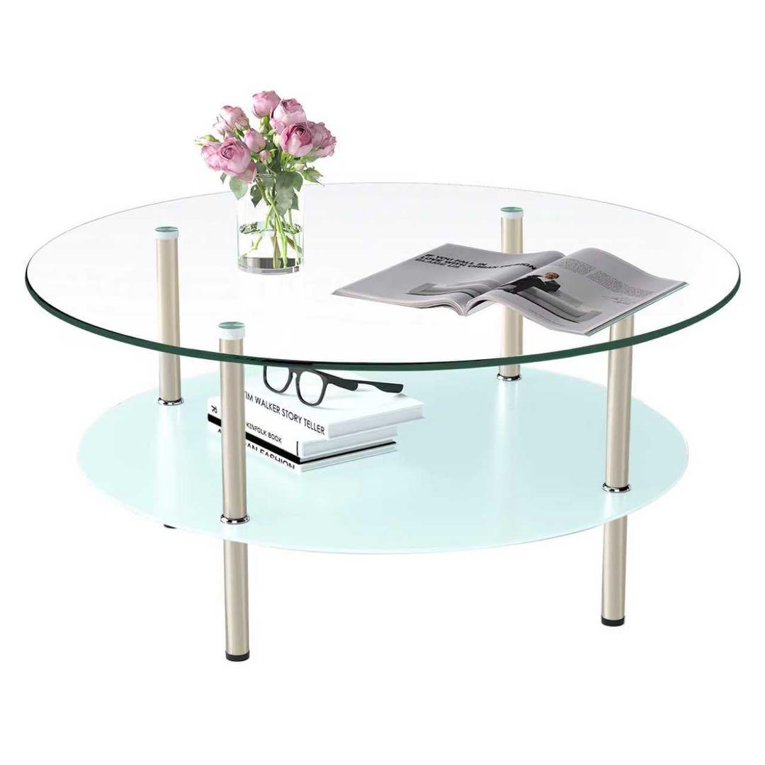 【新品】ラウンド二段コーヒーテーブル 強化ガラス+MDF収納棚 ホワイト