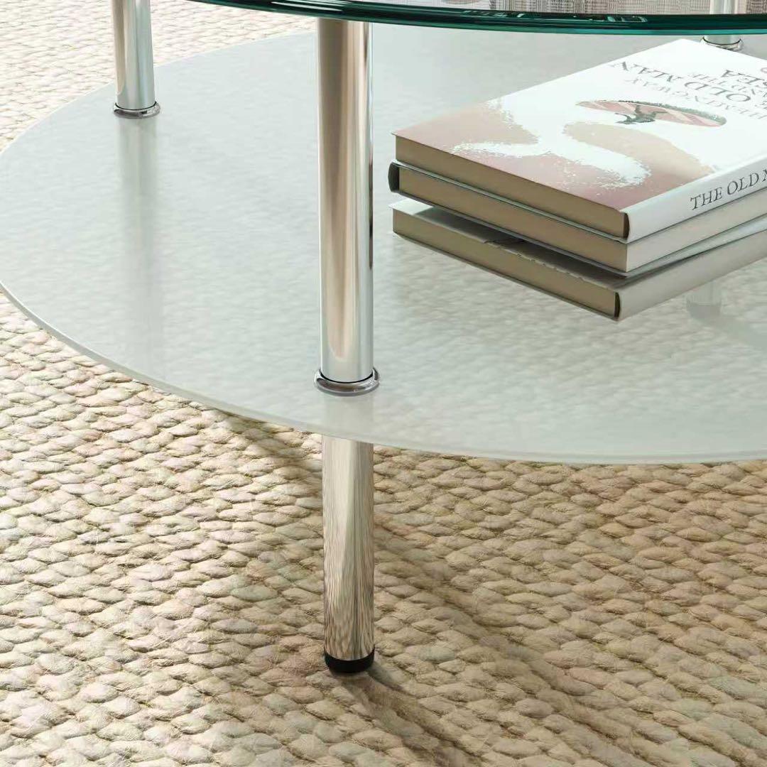 【新品】ラウンド二段コーヒーテーブル 強化ガラス+MDF収納棚 ホワイト