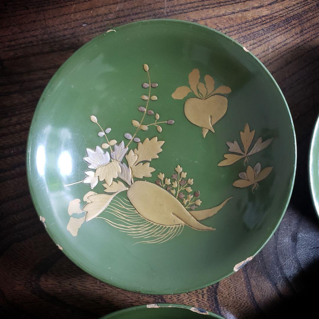 銘々皿　漆器　緑漆　青地　小皿　木製　金蒔絵　蕪　大根　なずな　明治　4枚　ロ号