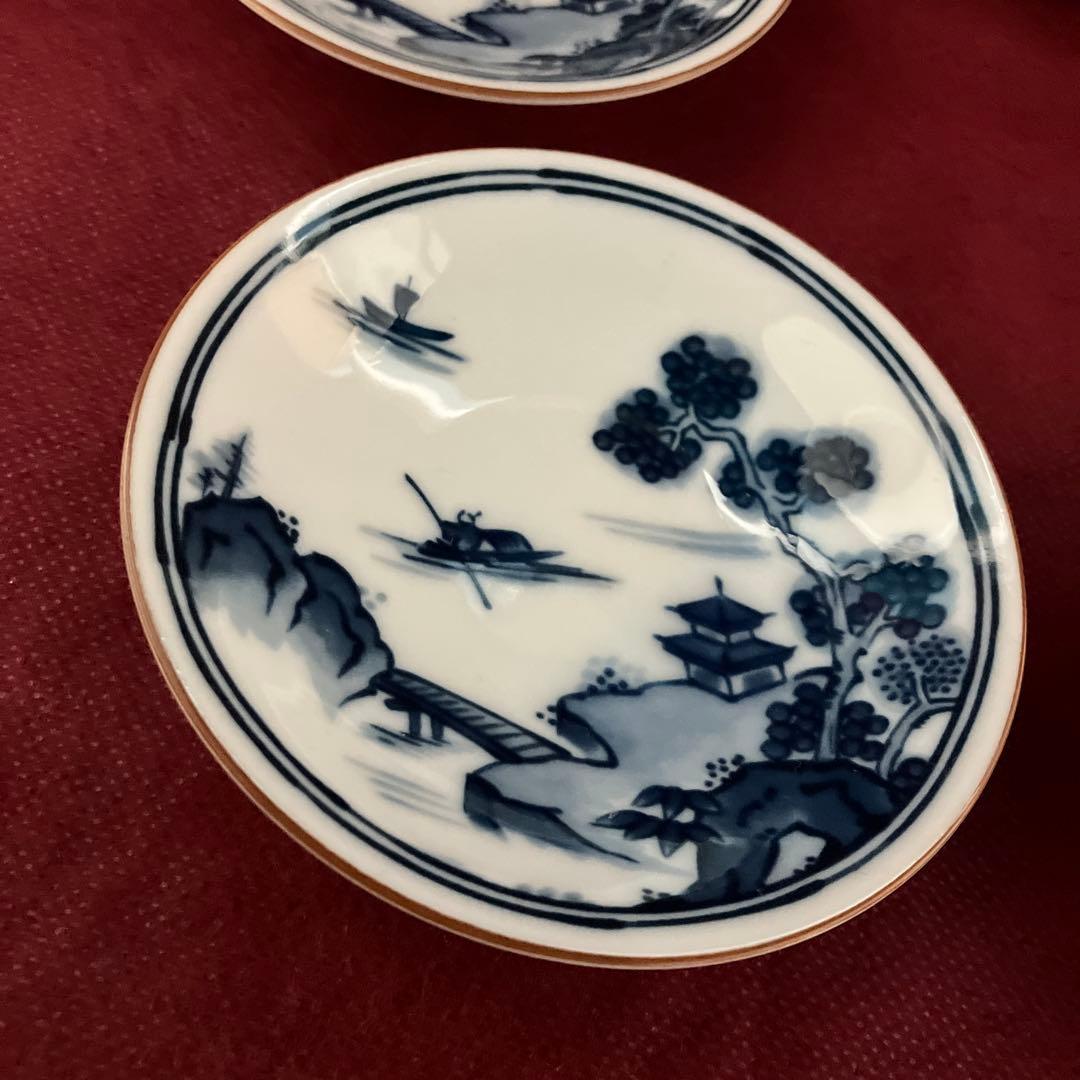 前畑陶器　庫山窯　染付山水画　豆皿揃　小皿揃　手塩皿　おてしょ　和食　五枚組