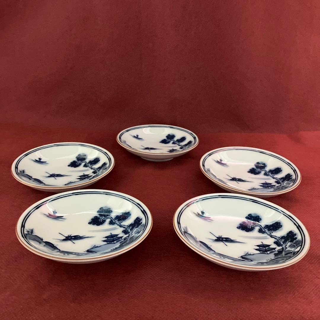 前畑陶器　庫山窯　染付山水画　豆皿揃　小皿揃　手塩皿　おてしょ　和食　五枚組