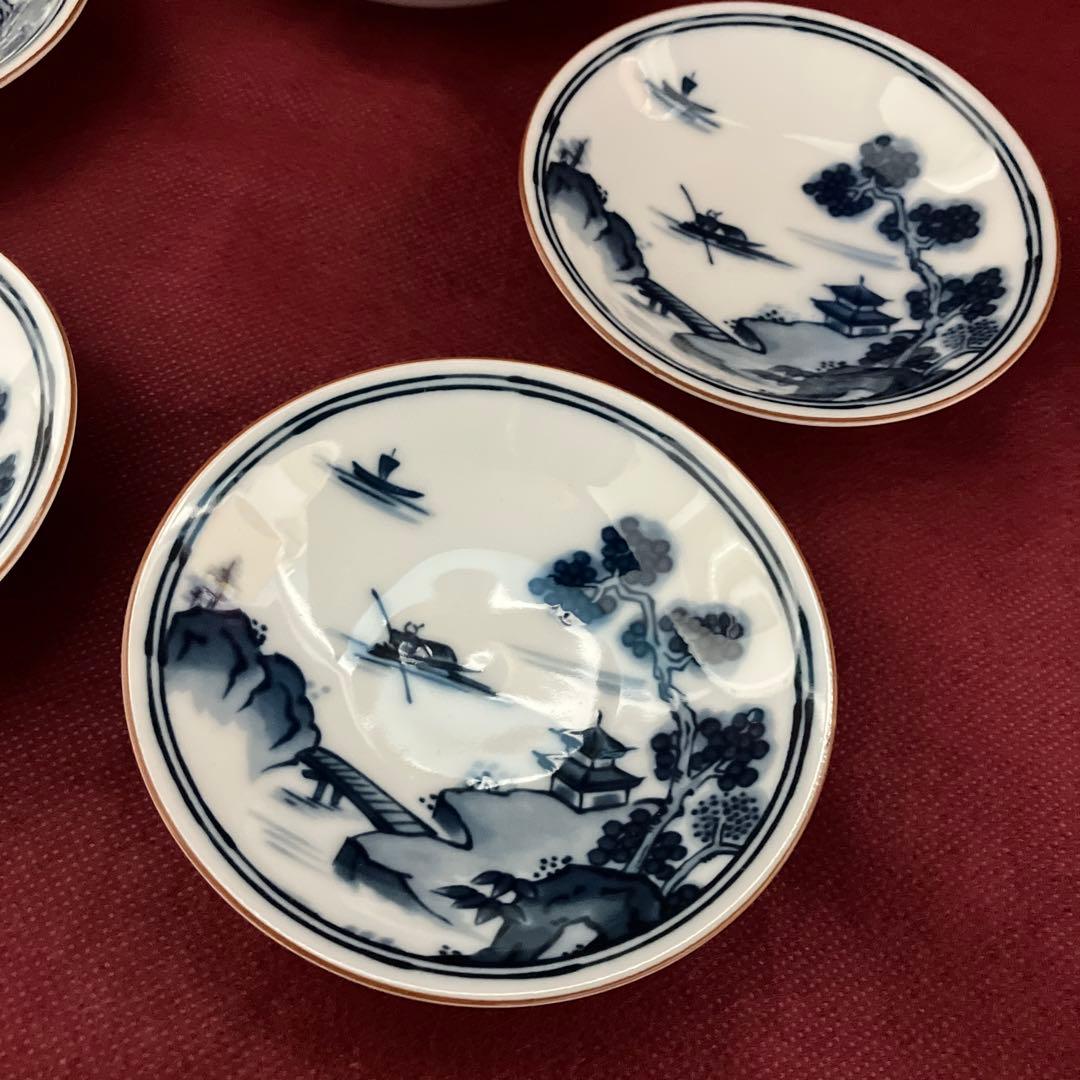 前畑陶器　庫山窯　染付山水画　豆皿揃　小皿揃　手塩皿　おてしょ　和食　五枚組
