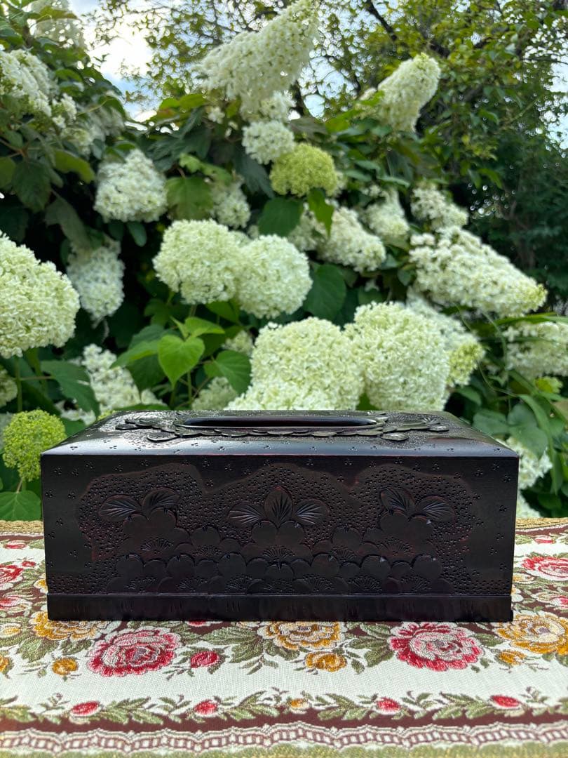 軽井沢彫り　木製桜彫刻　ティッシュボックス 伝統工芸品