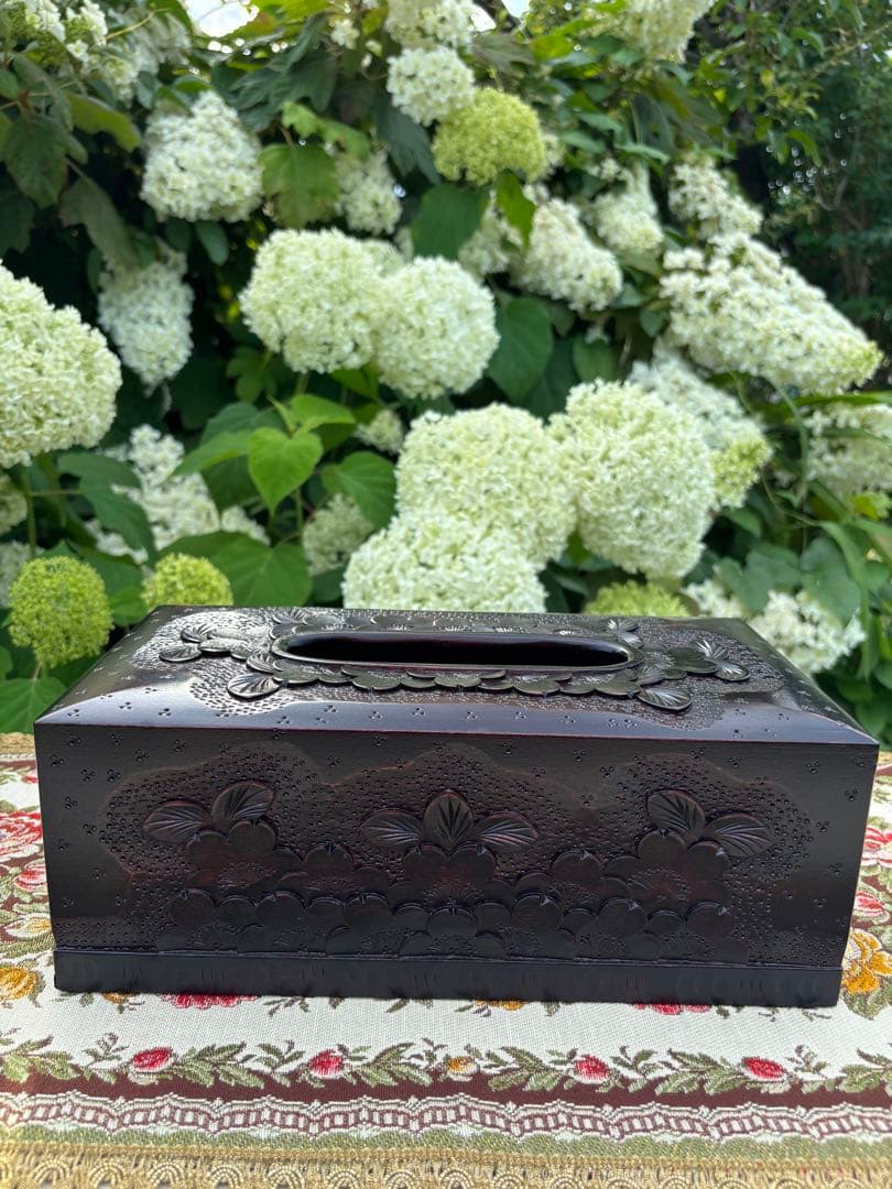 軽井沢彫り　木製桜彫刻　ティッシュボックス 伝統工芸品