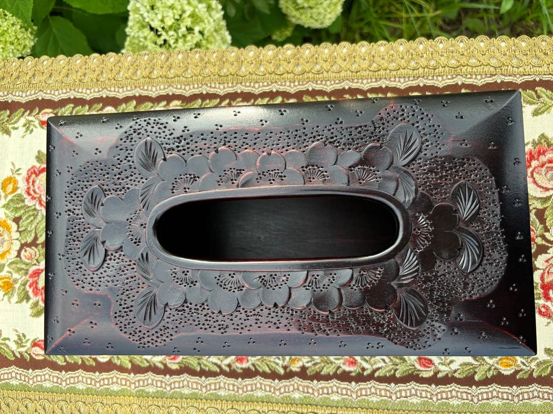 軽井沢彫り　木製桜彫刻　ティッシュボックス 伝統工芸品