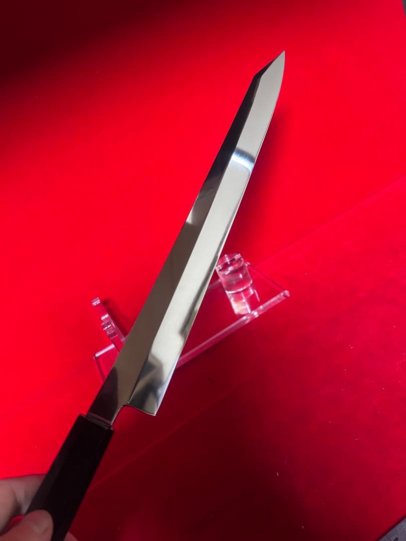 01561 包丁　剣型切付　尺　鬼反り　鏡面仕上げ　切味抜群　箱付　未使用品