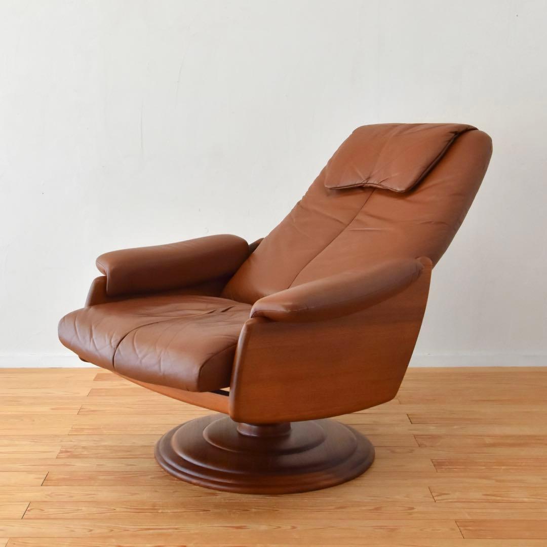 リクライニングチェア　チーク材　本革