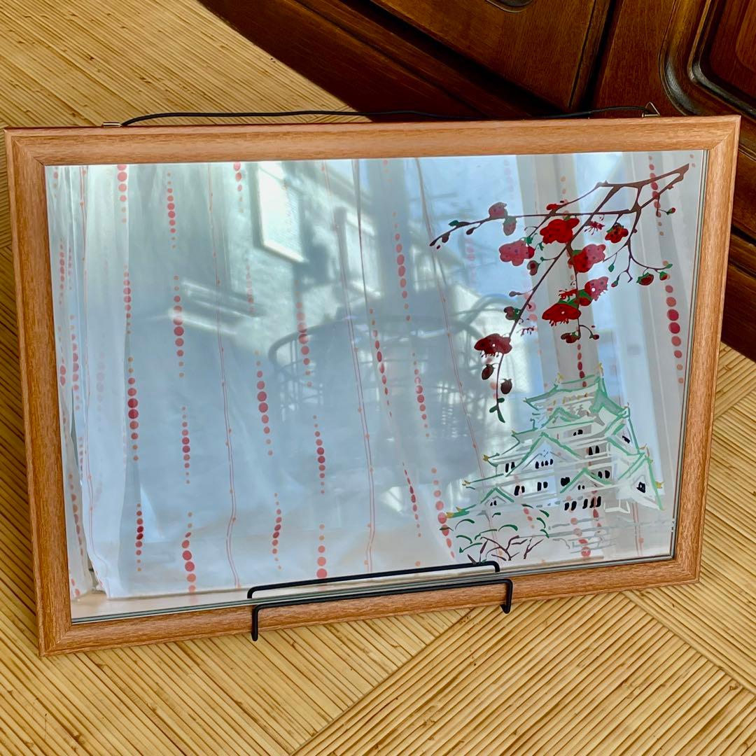 ハンドメイド　インテリア　壁掛け　鏡　梅と城/Japanese Style