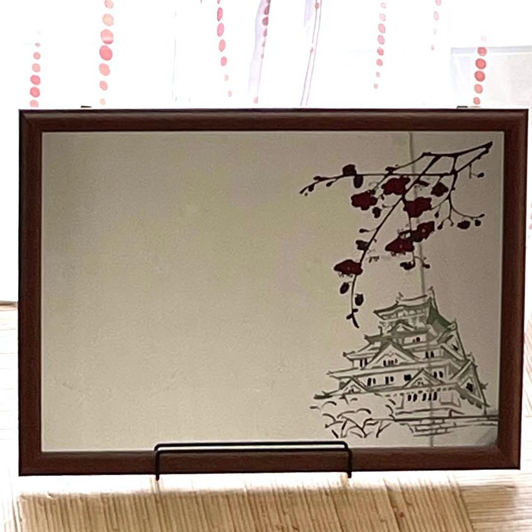 ハンドメイド　インテリア　壁掛け　鏡　梅と城/Japanese Style
