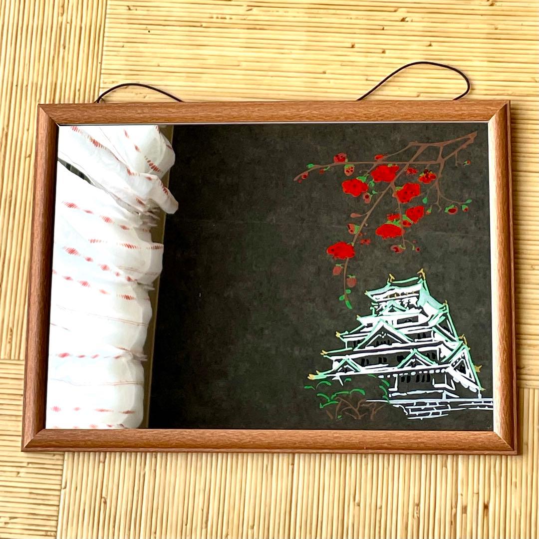 ハンドメイド　インテリア　壁掛け　鏡　梅と城/Japanese Style