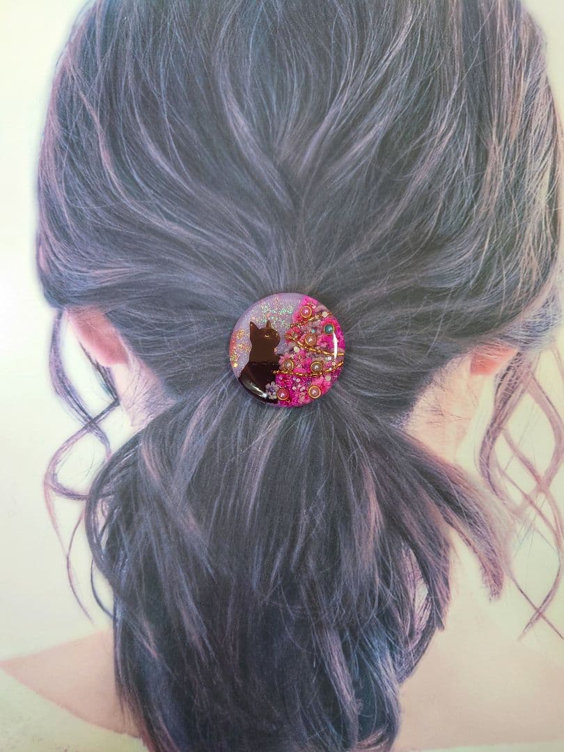 レジン　猫　ヘアゴム　ブローチ　ポニーフック　No.404