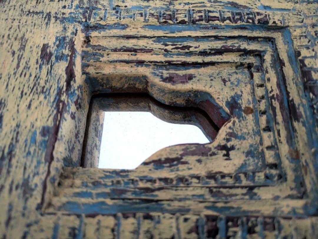 【　インド　ヴィンテージ　ミラー　】鏡　アンティーク　レリーフ　木製　壁掛　木彫