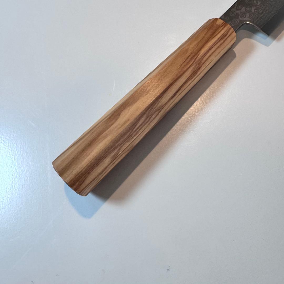 270mm ダマスカス墨流し柳刃包丁 オリーブウッド八角柄 鏡面仕上げ