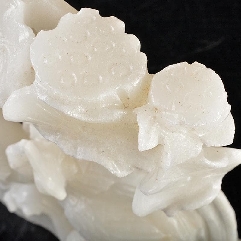 中国　玉石白玉彫刻　蓮に鶴　置物　V　R5692