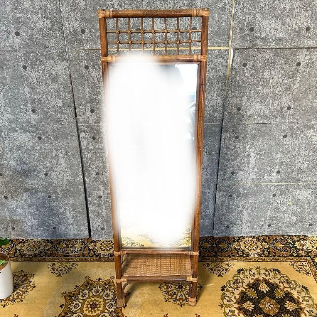 ꧁籐家具꧂ラタン収納付スタンドミラー 全身鏡 姿見 昭和レトロ アジアン